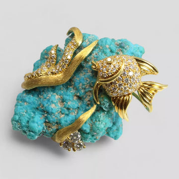 Estate Henry Dunay Turquoise and 2.00 ctw Diamond 18K Yellow Gold Fish Brooch